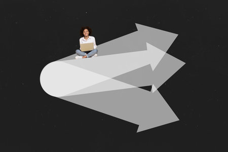 Art sketch 3d image full collage of happy manager businesswoman surf laptop arrow development...