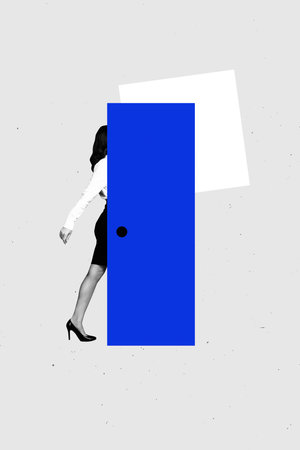 Art sketch 3d image banner collage of anonym businesswoman walk door entrance vacancy recruitment approval candidate hiringの写真素材