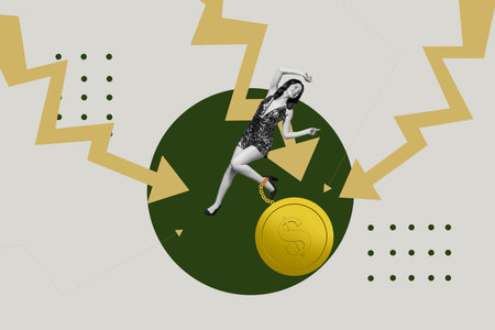 Collage of business person people and falling coins with downward arrow symbolizing financial global world crisisの写真素材