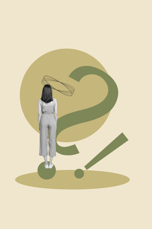 Collage showing a woman and question marks symbolizing curiosity, doubt, and search for meaning or...