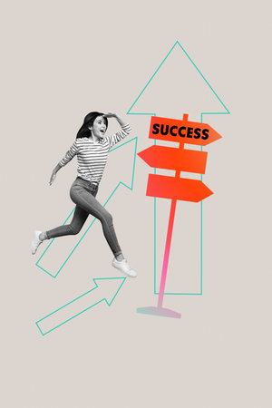 Image 3d sketch artwork collage of happy businesswoman run success direction road sign pointer aim...