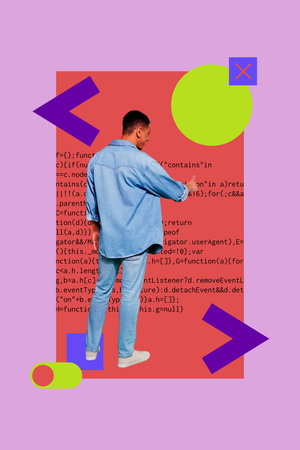 Collage of business man woman in front of abstract charts programming code symbolizing creative digital professionsの写真素材