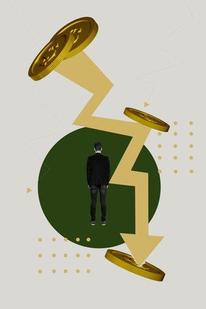 Collage of business person people and falling coins with downward arrow symbolizing financial global world crisisの写真素材