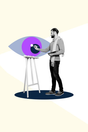 Creative vertical poster collage of handsome artist man draw paintbrush easel eyeball stare third all-seeingの写真素材