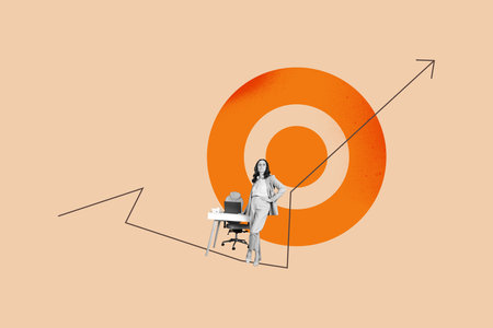 Collage showing creative concept of business growth and success with over rising arrow chart goal aim hitting centerの写真素材