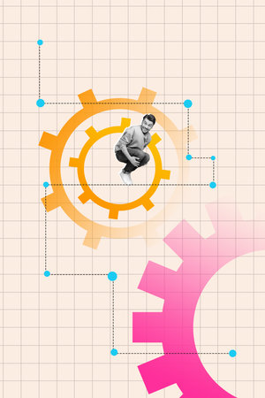 Trendy zine 3d artwork poster collage of happy businessman jump gearwheel optimization purpose achievement chance promotionの写真素材
