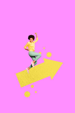 Collage of person woman analyzing financial data with rising arrows symbolizing growth success income saleの写真素材