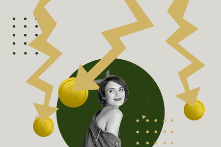 Collage of business person people and falling coins with downward arrow symbolizing financial global world crisisの写真素材