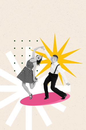 Banner poster trendy collage photo of happy girl guy dance together weekend chill occasion celebration date feelings partyの写真素材