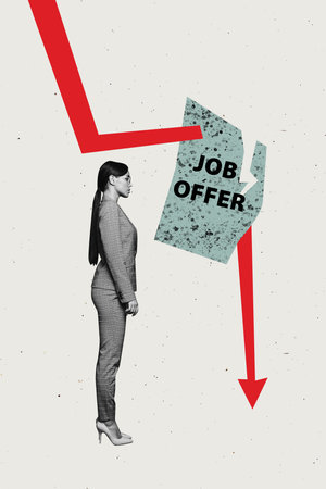 Vertical image artwork pop trend collage of upset businesswoman stand arrow decline cv redundancy...