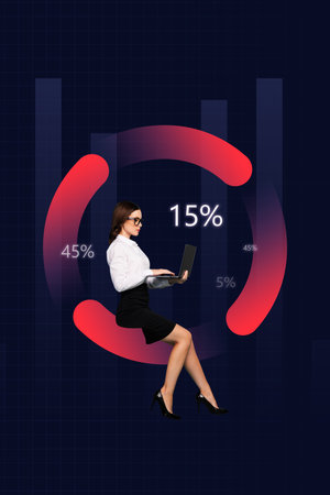 Vertical sketch banner 3d collage of happy businesswoman freelancer surf laptop diagram icon...