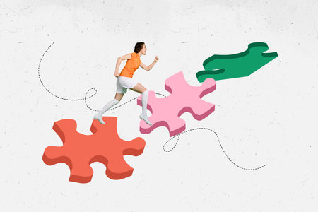 Trend composite sketch template 3D photo collage of young sportswoman soccer player run puzzle piece solution goal piece puzzle jigsawの写真素材