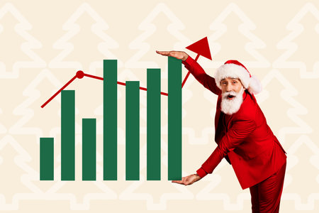 Trendy art image poster 3d banner collage of happy man santa claus peek chart arrow progress new year celebration snowflakesの写真素材