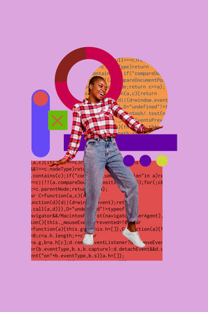 Collage of business man woman in front of abstract charts programming code symbolizing creative digital professionsの写真素材