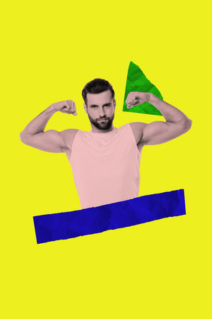Vertical image artwork pop trend collage of happy sportsman show biceps gym trainer determination healthy lifestyle pumpの写真素材