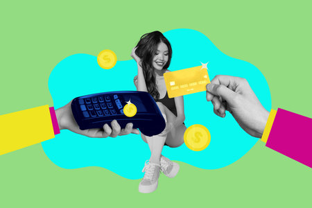 Collage of person hand with credit card and money symbols representing online shopping finance freedom paymentの写真素材