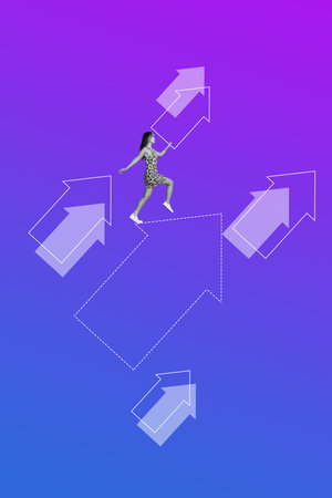 Vertical trend sketch template collage of happy businesswoman stand arrow development statistics aim achievement progress goalの写真素材
