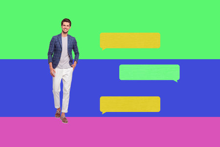 Creative collage showing people person with speech bubble representing fast internet communication...