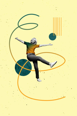 Sketch image trend artwork montage 3D photo collage of occasion weekend rest clubber night woman smile positive dance line doodleの写真素材