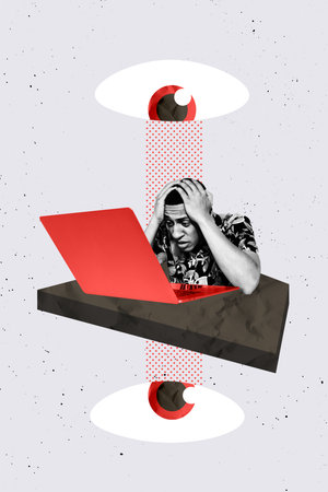 Trend artwork sketch design collage of stress problem young man sit cover head work laptop distance cyber eye search control watch escapeの写真素材