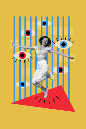 Vertical trendy image collage of happy girl jump eyeball stare observerの写真素材