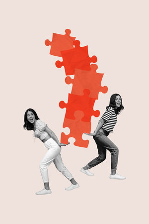 Zine artwork 3d photo collage of two happy girl guy stand puzzle element development match jigsaw teamwork cooperation planの写真素材
