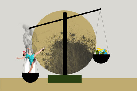 Modern earth day collage showing hills of trash highlighting pollution recycling plastic usage volunteering responsible planet attitudeの写真素材