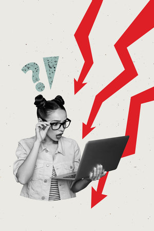 Pop sketch 3d image artwork collage of shocked businesswoman hold laptop arrow regress statistics economy collapse fail downの写真素材