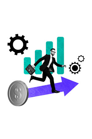 3d vertical artwork banner sketch photo collage of purposeful businessman run gearwheel arrow dollar coin income capital progressの写真素材