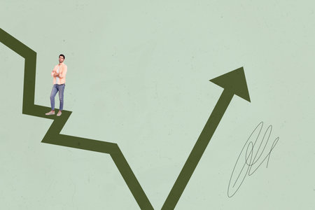 Financial Business Success Collage Showing Happy person With Upward Arrow Symbolizing Money Trading Growth Statsの写真素材
