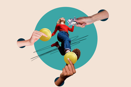 Collage showing person surrounded by dollar coins hands giving or taking money symbolizing service incomeの写真素材