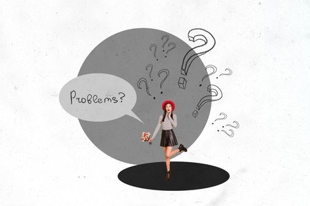 Creative collage showing confused man woman with question marks speech bubble illustrating mental overload life problemsの写真素材