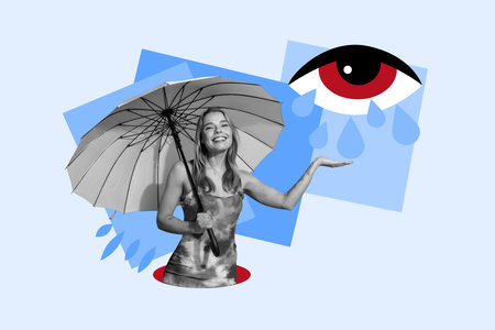 Image trendy art banner collage of happy girl hold umbrella rainy weatherの写真素材