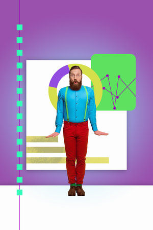 Collage Featuring Excited Business person With Business Chart Pie Graph Analyzing Data Statistics Conceptの写真素材