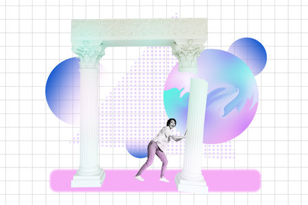 Banner trendy image poster 3d collage of happy girl stand indoor museum column art gallery exhibition ancient history hobbyの写真素材