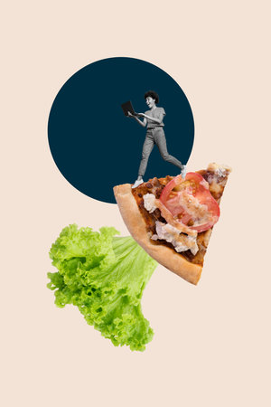 Vertical trendy image photo collage of happy girl guy stand pizza slice junk food nutrition lettuce leaf pizzeria deliveryの写真素材