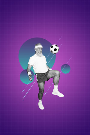 Composite image artwork 3D collage of lifestyle determination aged man play soccer ball healthcare sport activity dynamic fitness hobbyの写真素材