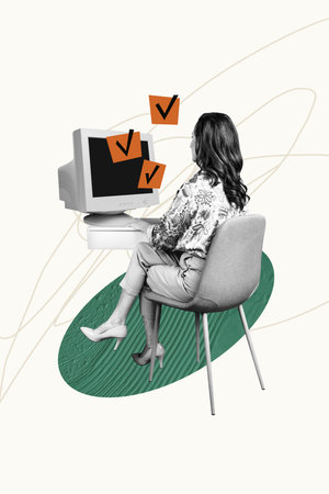 Poster image vertical photo collage of manager girl sit pc monitor checkmark approval deal project programmer confirm planの写真素材