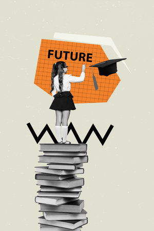 Banner image design collage of anonym girl stand back book stack education bookworm library look future master hat graduationの写真素材