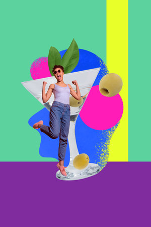 Collage of joyful person cocktail glass bright colors celebrating party alcohol drinks bartender friday weekend lifestyleの写真素材