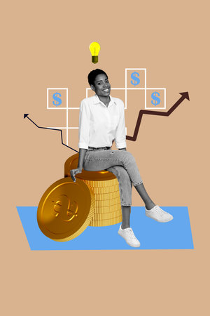 Vertical image pop trend collage of happy businesswoman sit coin stack arrow development light bulb idea progress finance profitの写真素材