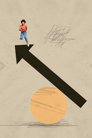 Collage with person observing rising arrow symbolizing startup growth business income statistics trading decrease increaseの写真素材