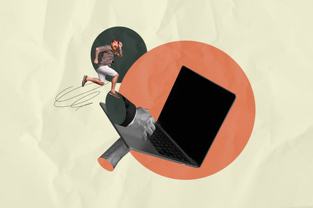 Collage of person celebrating digital success between laptop speaker cup lightbulb symbolizing freelance technology lifeの写真素材