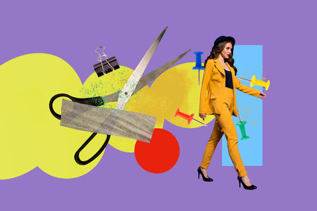 Collage of business person relax coffee retro computer keyboard keys text programming code in work conceptの写真素材