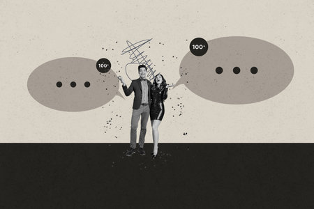 Collage with person surrounded by message bubbles symbolizing chatting communication online interaction businessの写真素材