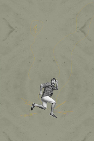 Collage of energetic person jumping with playful cartoon doodles in creative whimsical concept illustrationの写真素材