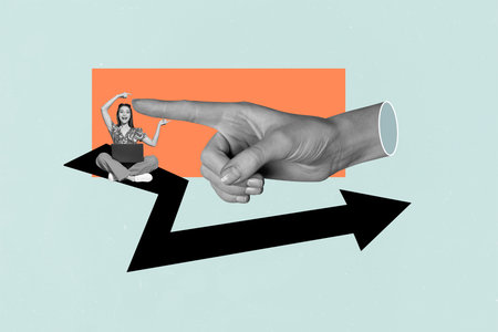 Full poster trendy collage photo of human hand point laptop happy businesswoman arrow development aim achievement progressの写真素材