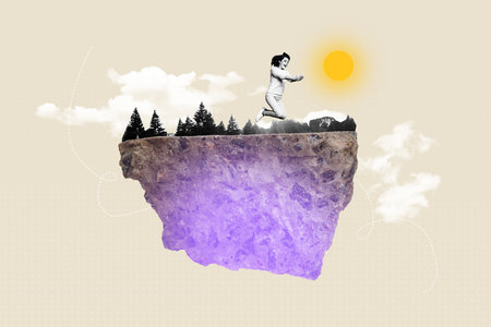 Zine banner photo collage of happy girl hiker jump mountain cliff forest tree sightseeing nature...