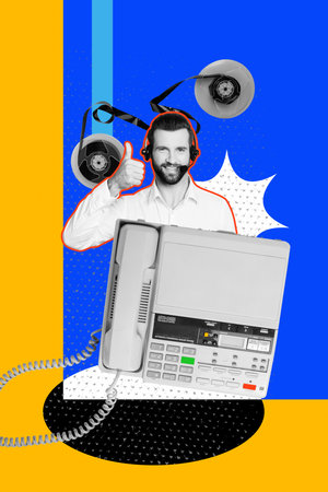 Pop image poster art collage of happy manager man wear headphones show like gesture telephone...