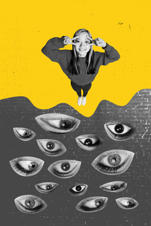 Banner 3d image artwork pop trend collage of happy korean girl show peace fingers gesture eyeball stareの写真素材